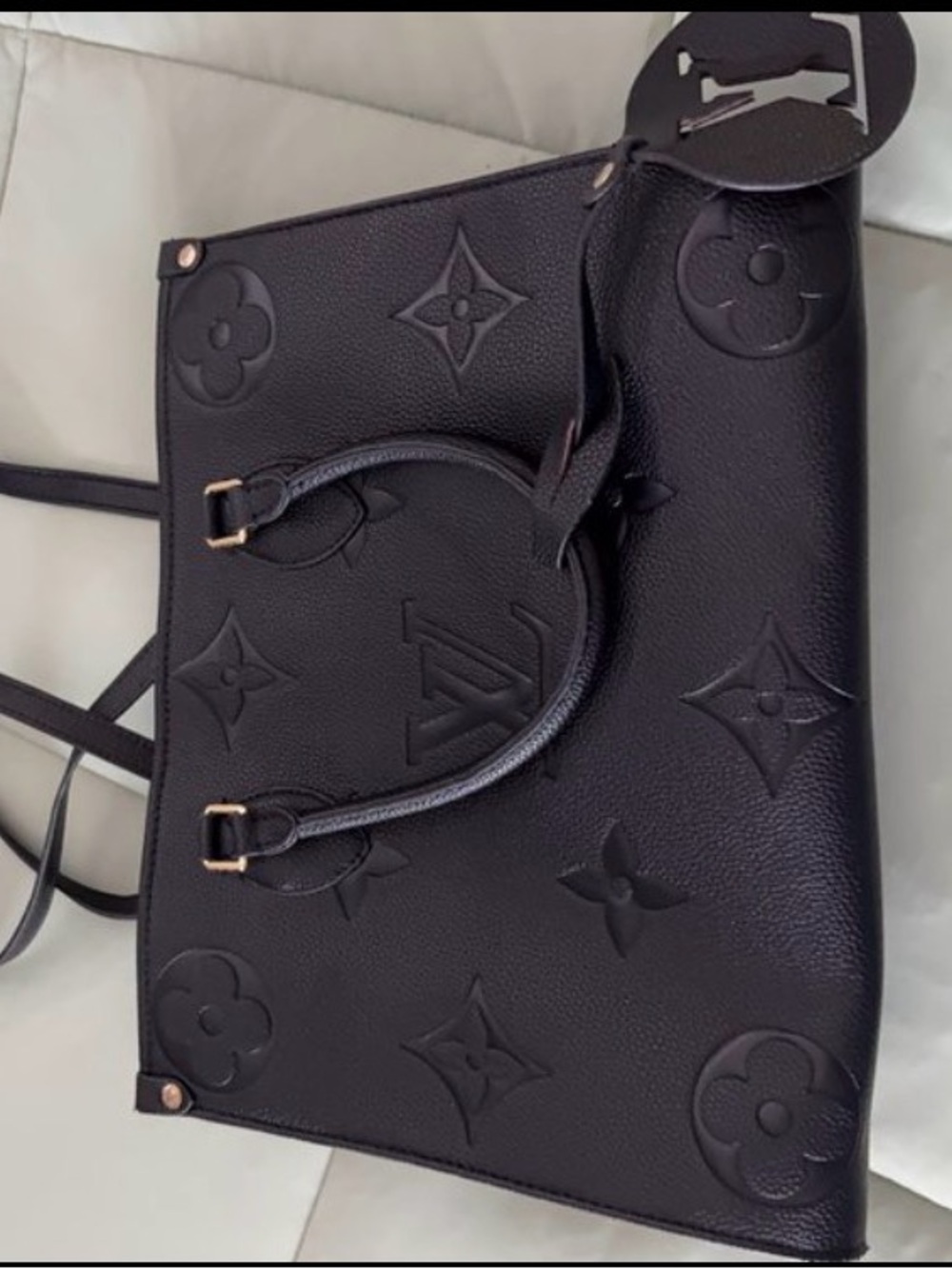 Faux Designer Black Embossed Monogram Tote